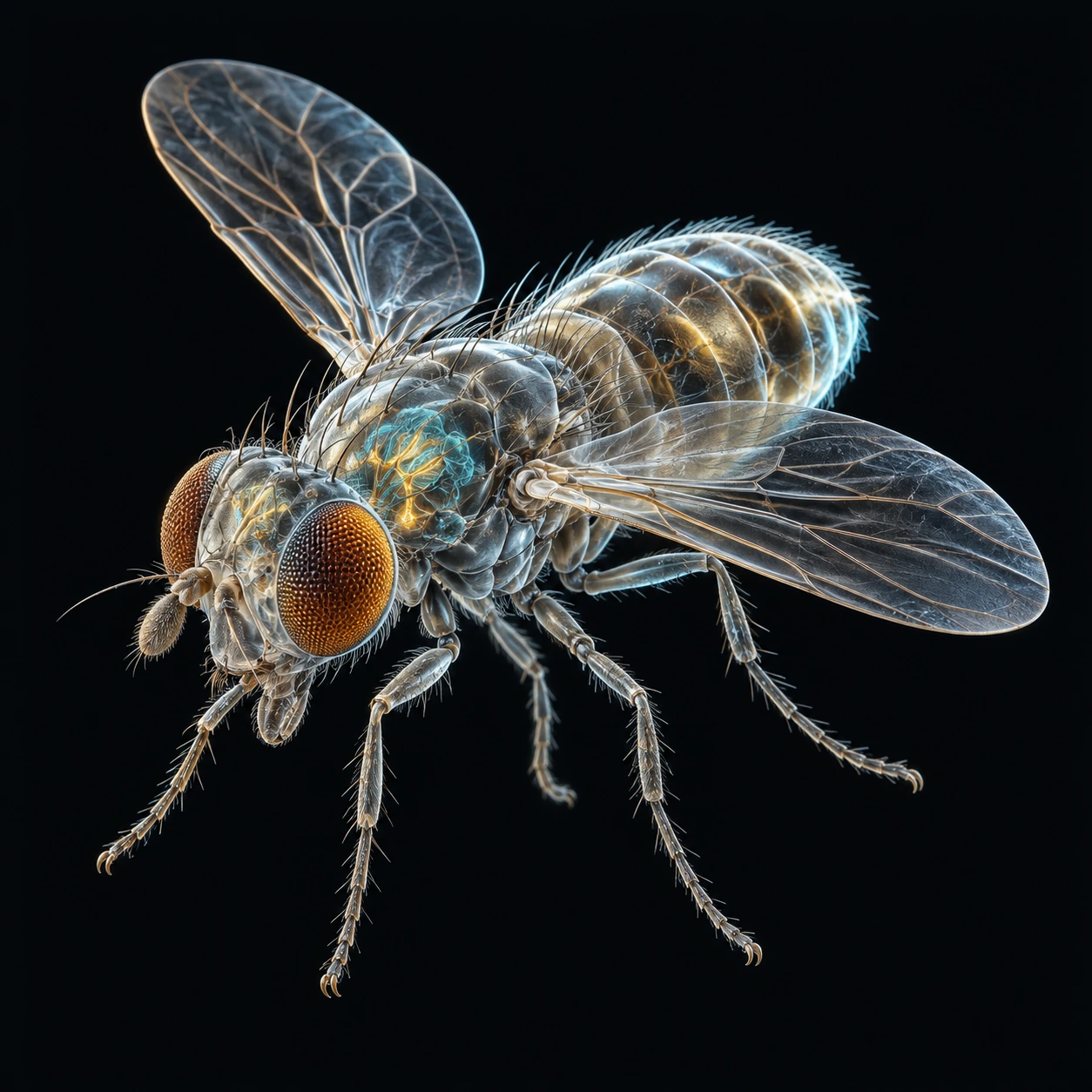 Glass-like fruit fly with a luminous neural core